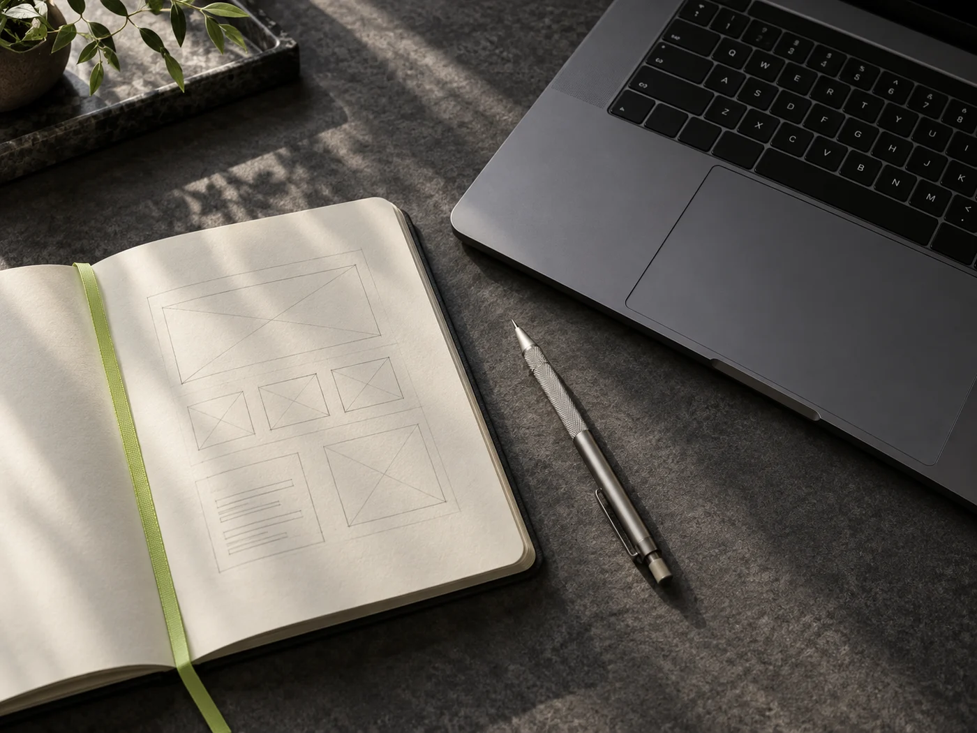 Illustrative close-up of a website wireframe sketch beside a laptop