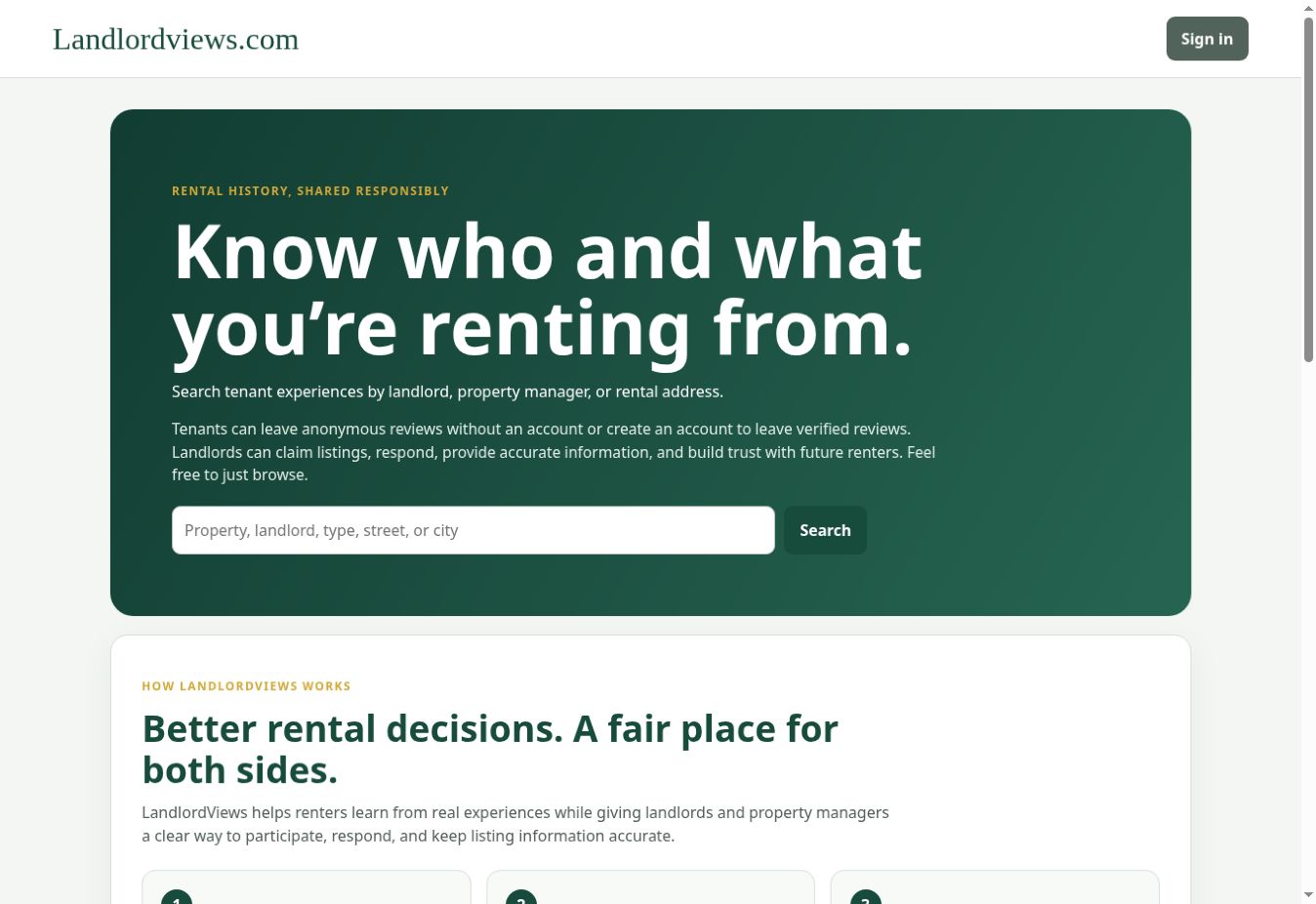LandlordViews rental search homepage